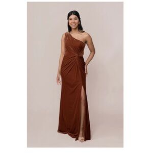 Revelry Florence Rust Velvet One Shoulder Dress